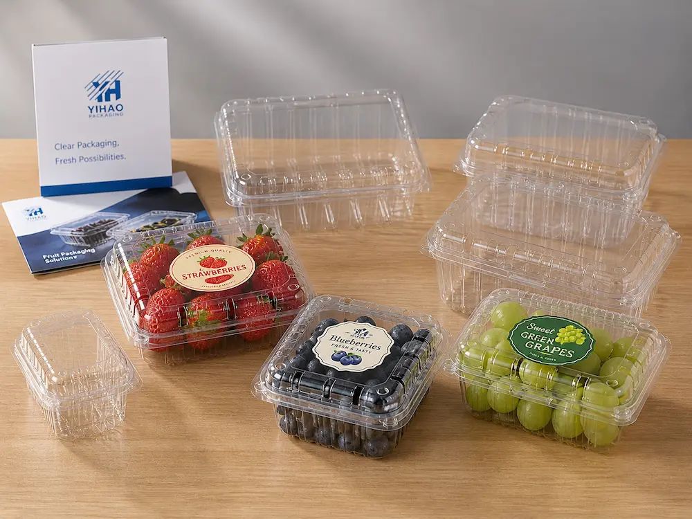 Labeled clear fruit clamshell containers for strawberries, blueberries, and grapes
