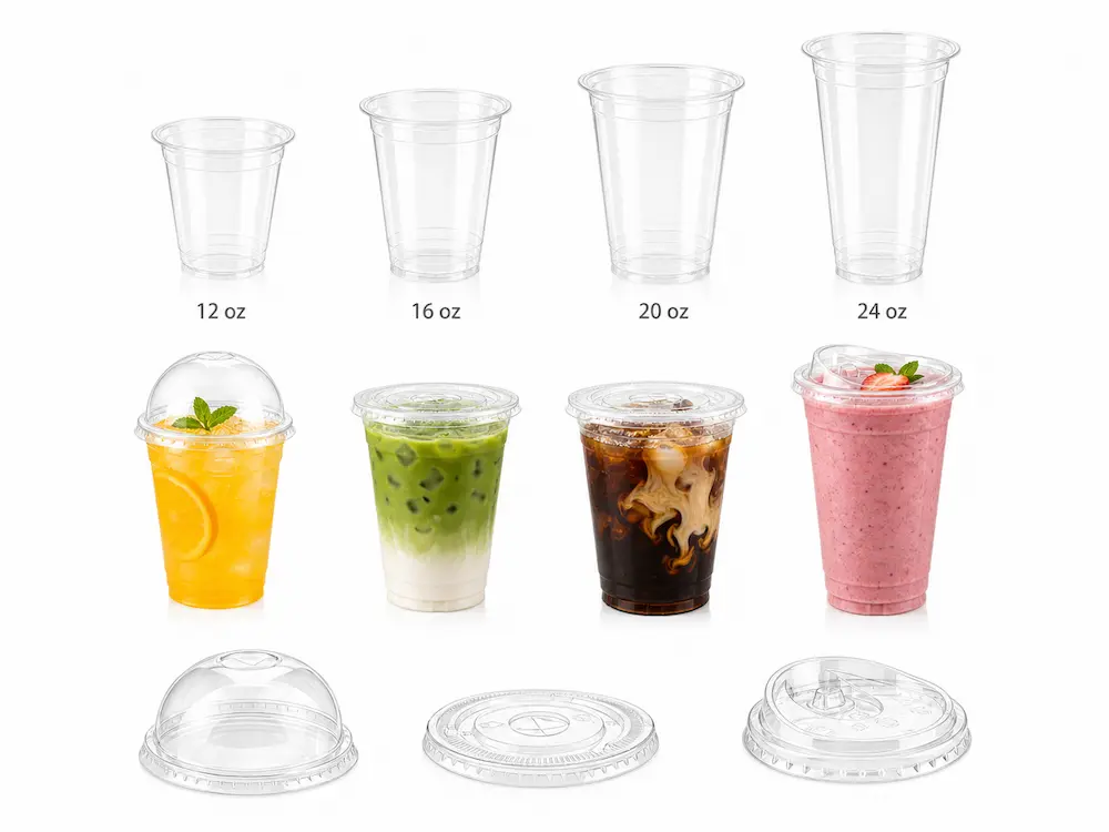 PP Cups with Lids FAQ: Materials, Sizes, Uses, and Ordering Questions 1 PP cups and lids range showing flat lids, dome lids, sip lids, and 12 oz to 24 oz cup options