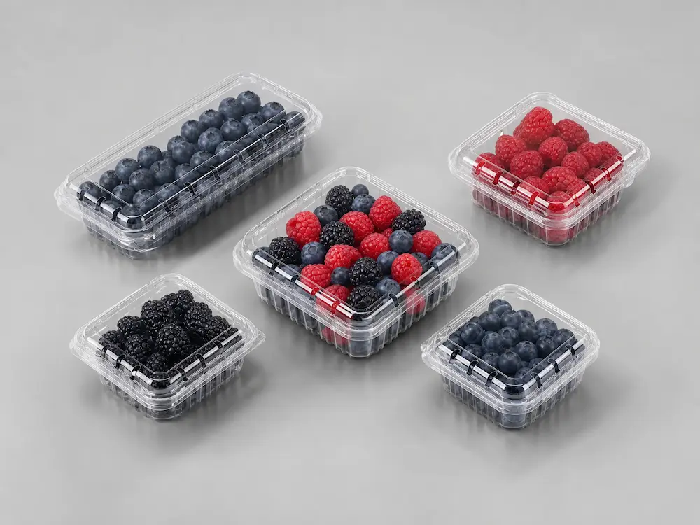 Mixed berries including blackberries, blueberries, and raspberries packed in clear clamshell containers.
