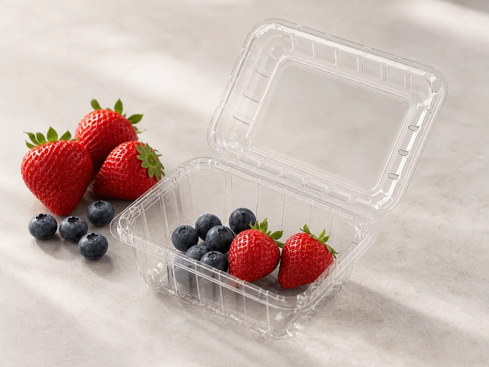 Wholesale Vented Berry Clamshells: Manufacturer and Supplier Checklist 4 Open clear berry clamshell container for strawberry and blueberry packaging