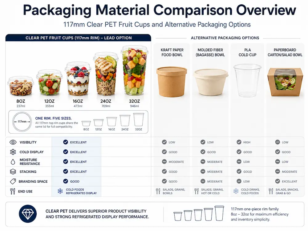 Clear PET Fruit Cups vs Alternative Packaging: How Buyers Should Choose 5 Packaging material comparison for clear PET fruit cups and alternative food containers