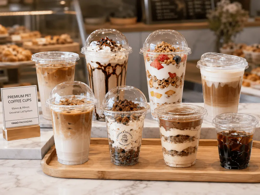 PET coffee cups for bakery display with desserts, pastries, and chilled food items