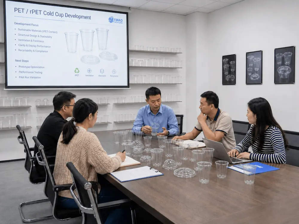 PET coffee cups development team meeting with product samples and PET rPET presentation