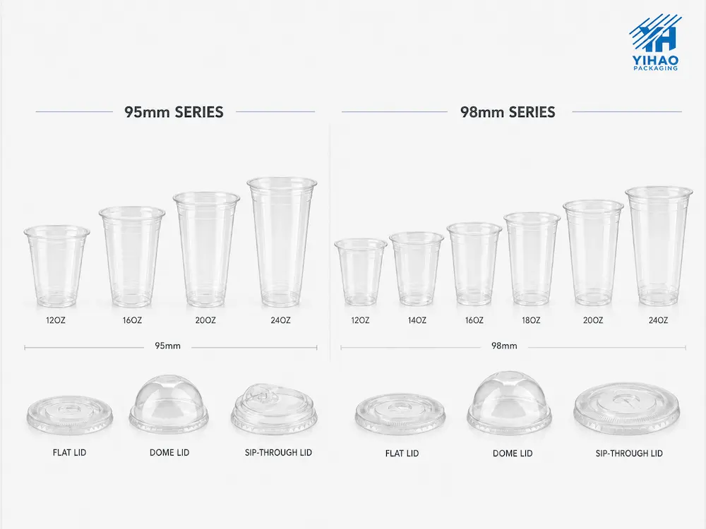 95mm and 98mm PET coffee cups size chart with flat lids dome lids and sip lids from 12oz to 24oz