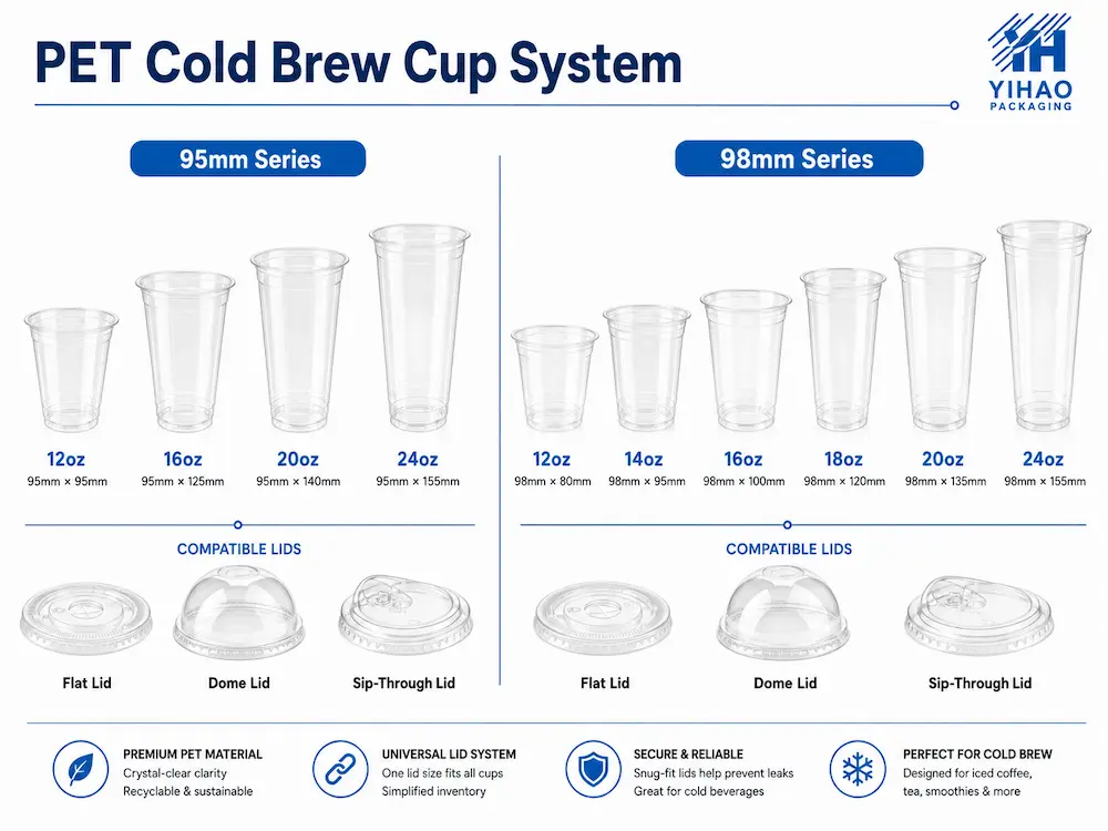 Cold Brew Cups vs Alternative Packaging: How Buyers Should Choose 4 Size chart of YIHAO clear PET cold brew cups showing the 95mm series (12, 16, 20, 24oz) and 98mm series (12, 14, 16, 18, 20, 24oz) with compatible flat lids, dome lids, and sip-through lids.