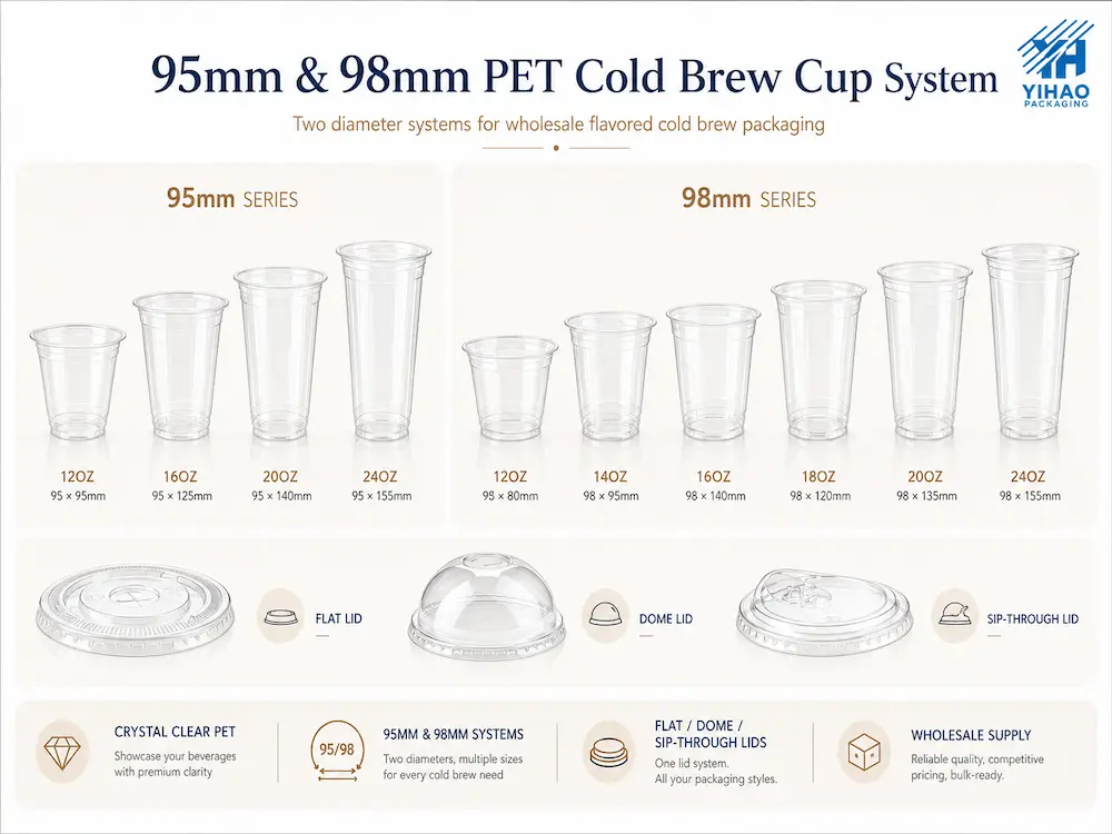 Wholesale Flavored Cold Brew Cups: Manufacturer and Supplier Checklist 3 YIHAO 95mm and 98mm PET cold brew cup system diagram showing multiple sizes and lid options.