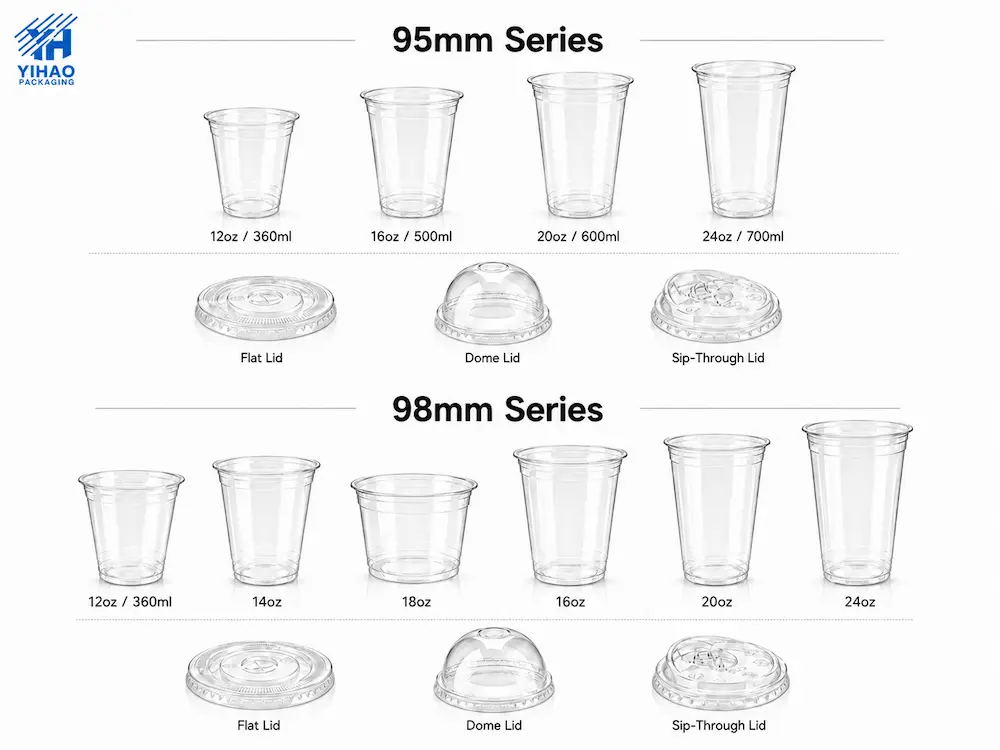 95mm and 98mm PET cold cup series with matching flat dome and sip-through lids