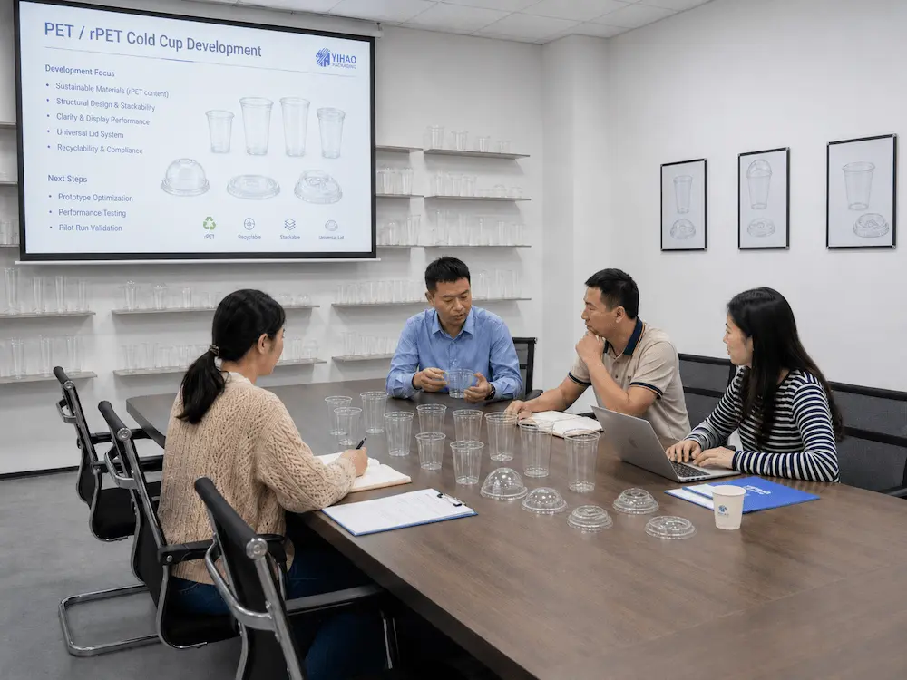 Wholesale Flavored Cold Brew Cups: Manufacturer and Supplier Checklist 2 Product development team meeting about PET and rPET cold cup materials in a conference room.