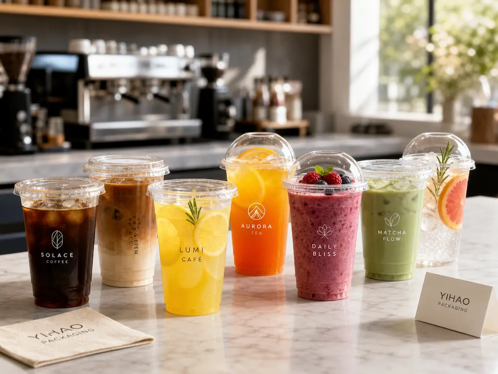 Clear PET cold cups for iced coffee, juice, smoothies, matcha, and sparkling drinks