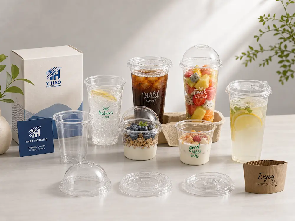 PET Cold Cups Complete Guide for Iced Coffee, Juice, and Smoothies 2 PET cold cups with dome lids, flat lids, sip lids, and matching packaging accessories