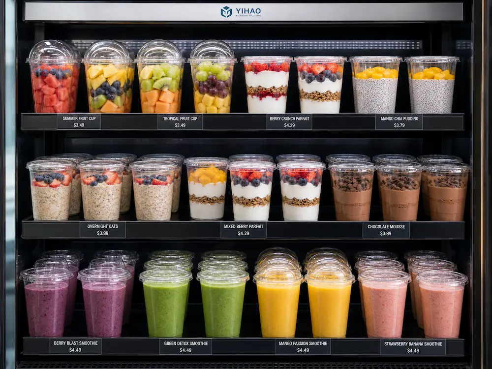 PET Cold Cups Complete Guide for Iced Coffee, Juice, and Smoothies 4 Clear PET cold cups displayed in a refrigerated case with fruit cups, desserts, and smoothies