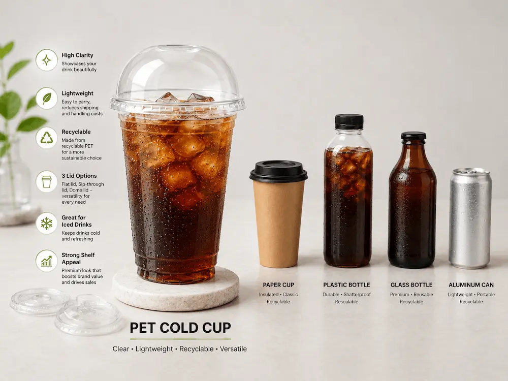 Cold Brew Cups vs Alternative Packaging: How Buyers Should Choose 1 Infographic illustrating the benefits of clear PET cold brew cups, including high clarity for visible iced drinks, lightweight handling for takeaway, and recyclable materials.
