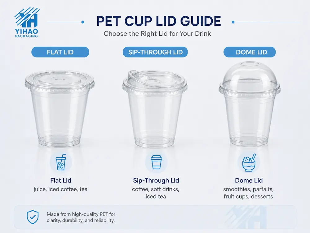 Best Dome Lids for Retail Display, Takeaway, and Chilled Food 3 PET cup lid guide showing flat lid, sip-through lid, and dome lid options