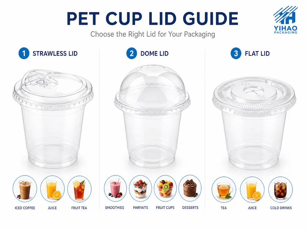 Strawless Lids vs Alternative Packaging: How Buyers Should Choose 3 PET cold cup lid guide showing strawless lids, dome lids, and flat lids for different applications