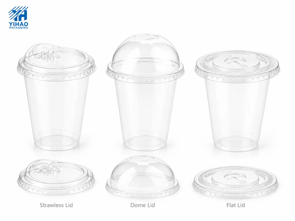 Clear PET strawless lid, dome lid, and flat lid product structure comparison