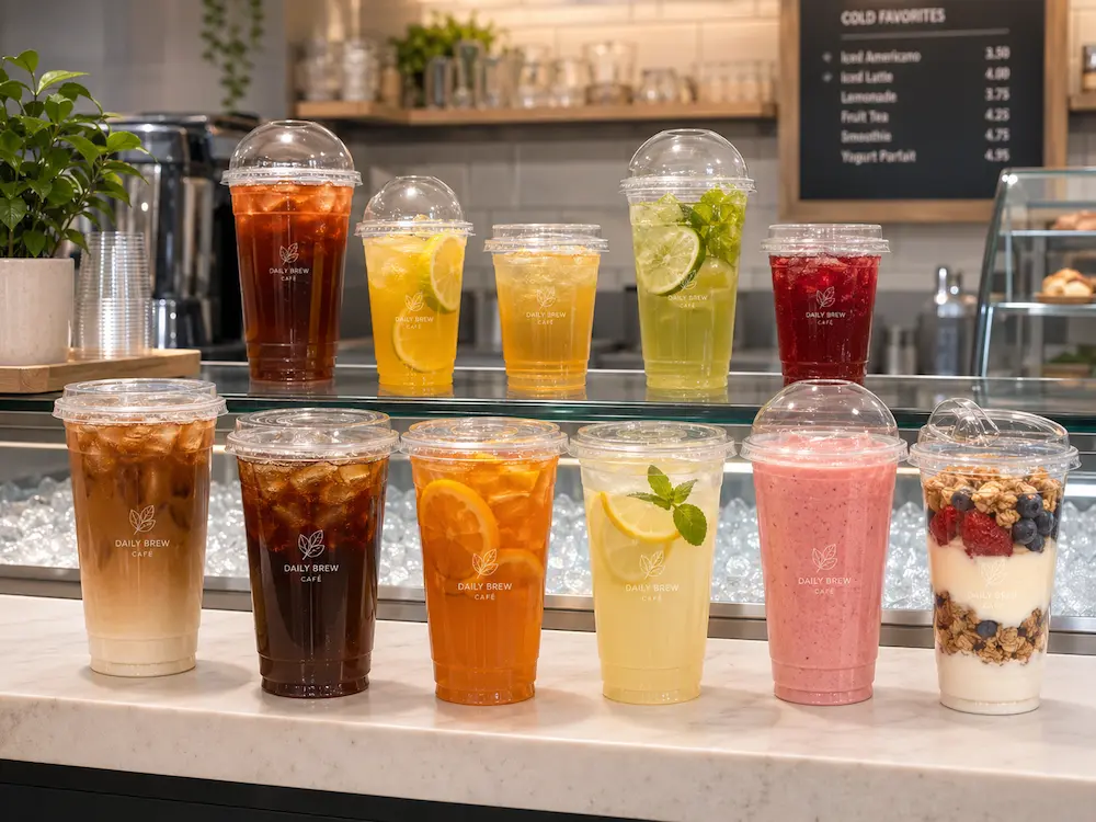PET Cup Lids FAQ: Materials, Sizes, Uses, and Ordering Questions 5 Clear PET cup lids used for iced coffee, fruit tea, lemonade, smoothies, and yogurt parfaits.