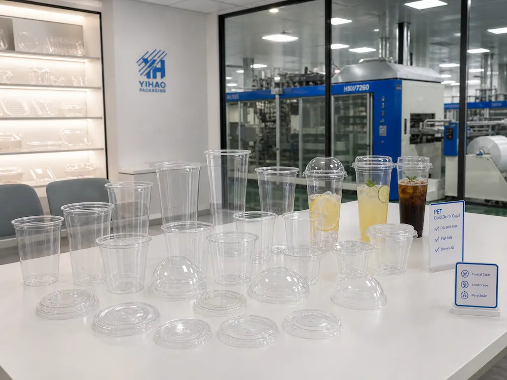 Clear PET juice cups, cold drink cups, dome lids, flat lids, and sip lids display