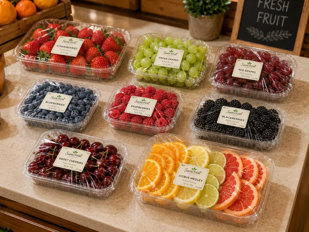 Wholesale Fruit Display Trays: Manufacturer and Supplier Checklist 4 PET produce tray material and bottom structure details with reinforced corners, ribbed sidewalls, and embossed base.