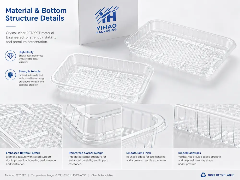 Best PET Produce Trays for Retail Display, Takeaway, and Chilled Food 4 Clear PET produce tray material and bottom structure details with reinforced corners, ribbed sidewalls, and embossed base.