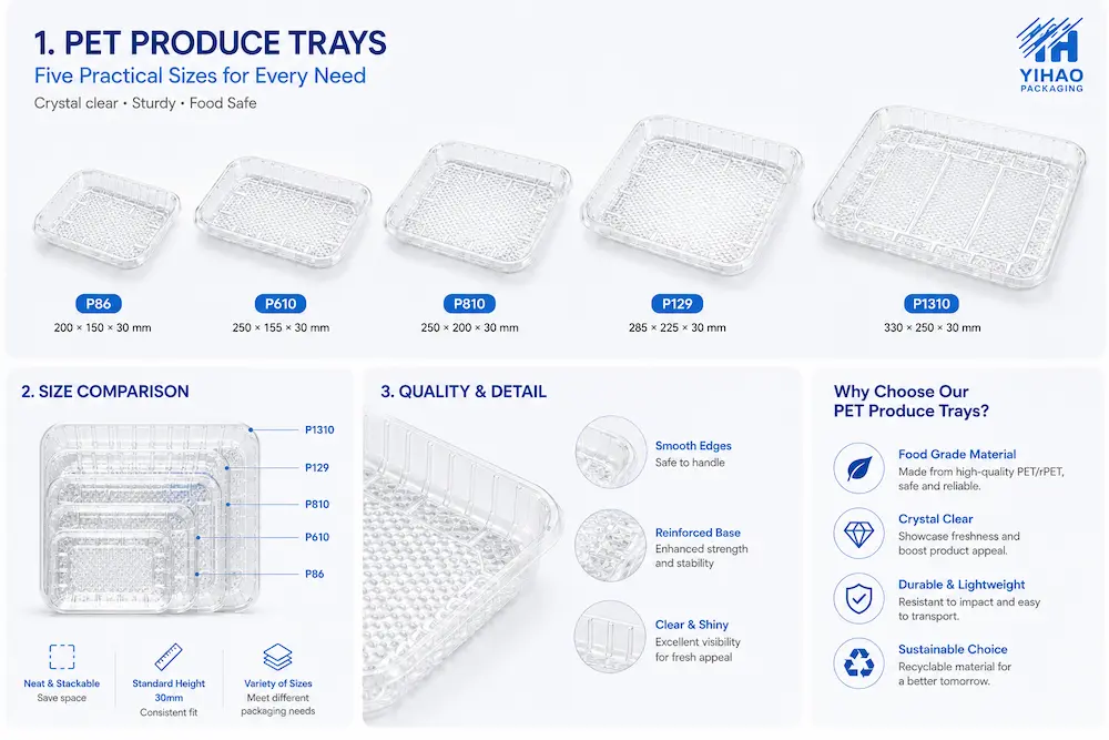 Best PET Produce Trays for Retail Display, Takeaway, and Chilled Food 3 PET produce trays size comparison and quality guide showing five practical tray sizes and reinforced structure details.