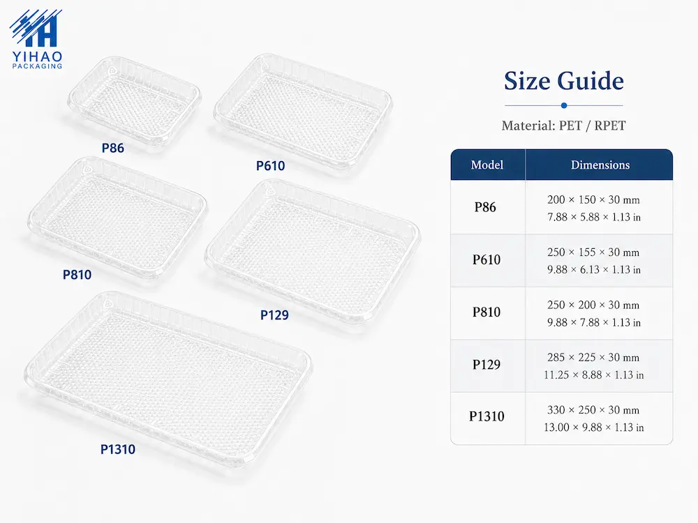 Complete Guide to Produce Trays and Clear Produce Display Packaging 4 PET produce tray size guide with P86 P610 P810 P129 and P1310 options