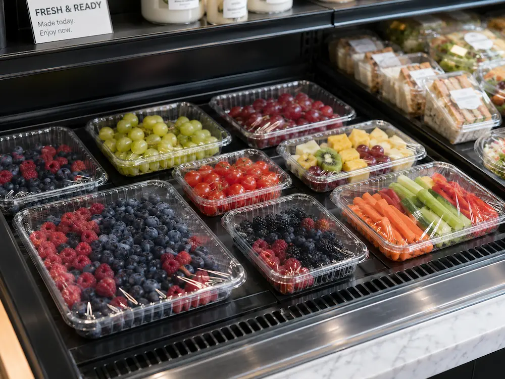Best PET Produce Trays for Retail Display, Takeaway, and Chilled Food 6 PET produce trays displayed in a chilled retail case with berries, grapes, tomatoes, vegetables, and ready-to-eat food.
