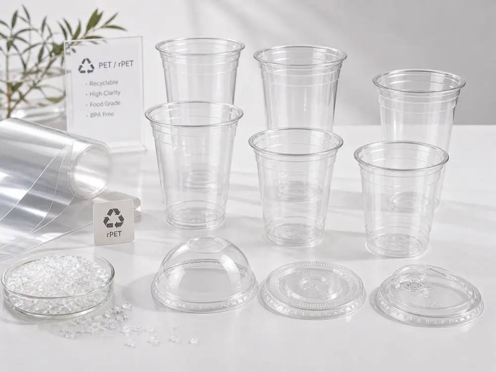 PET/rPET clear cold cups displayed with plastic sheet, recycled material chips, and recyclable material signage.