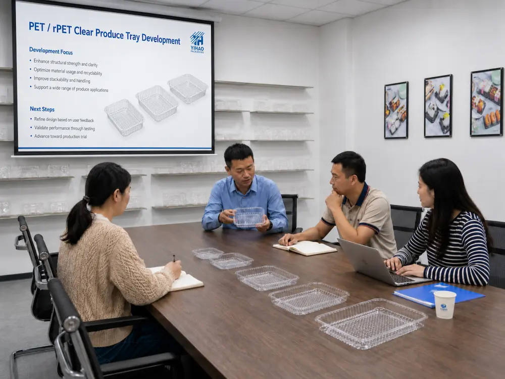 PET and rPET clear produce tray development meeting with sample review