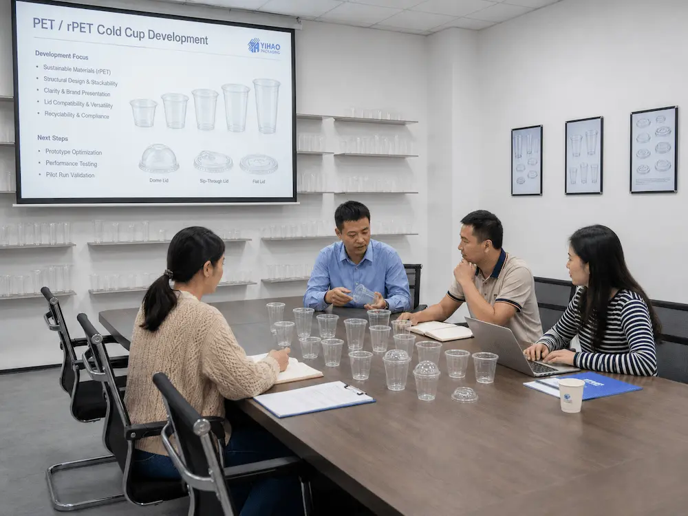 Coffee Cups with Lids FAQ: Materials, Sizes, Uses, and Ordering Questions 8 PET and rPET cold cup development meeting with clear coffee cup samples and lid options.