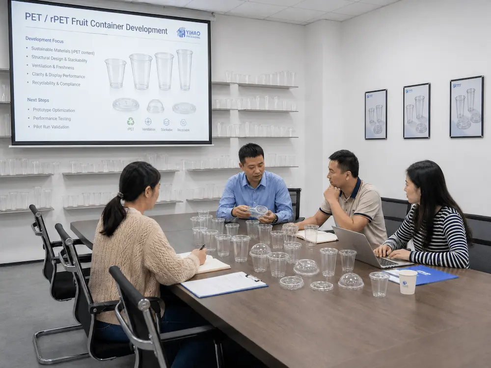 PET and rPET cold cup development meeting with clear cup samples and lid testing discussion.