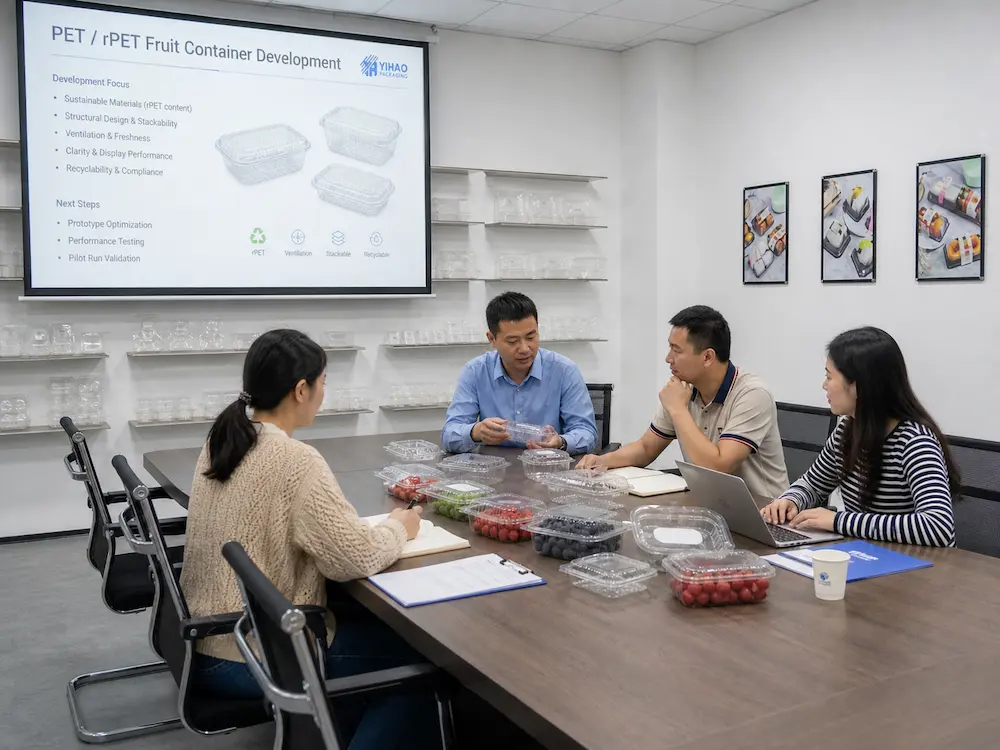 YIHAO team discussing PET and rPET fruit container development