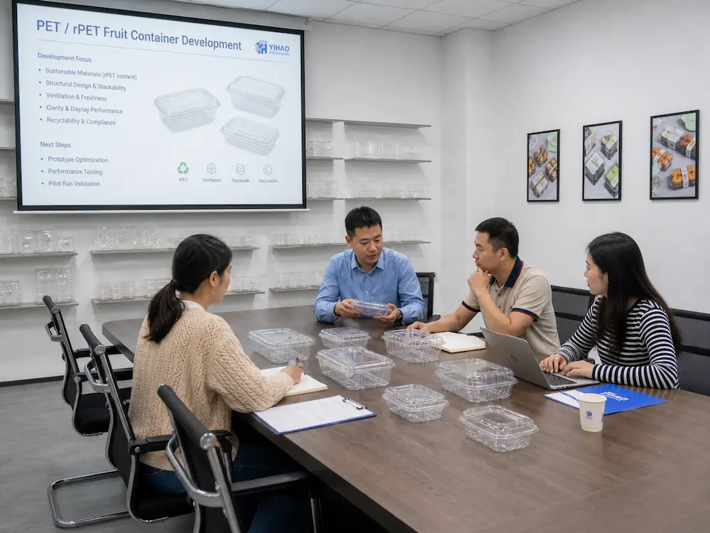 Blueberry Containers: Buyer Guide for Food Packaging Teams 6 PET and rPET fruit container development meeting showing blueberry packaging sample testing and structural review