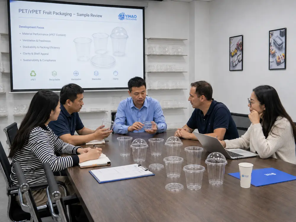 PET and RPET fruit packaging sample review meeting for clear cup performance, lid fit, and buyer decision support