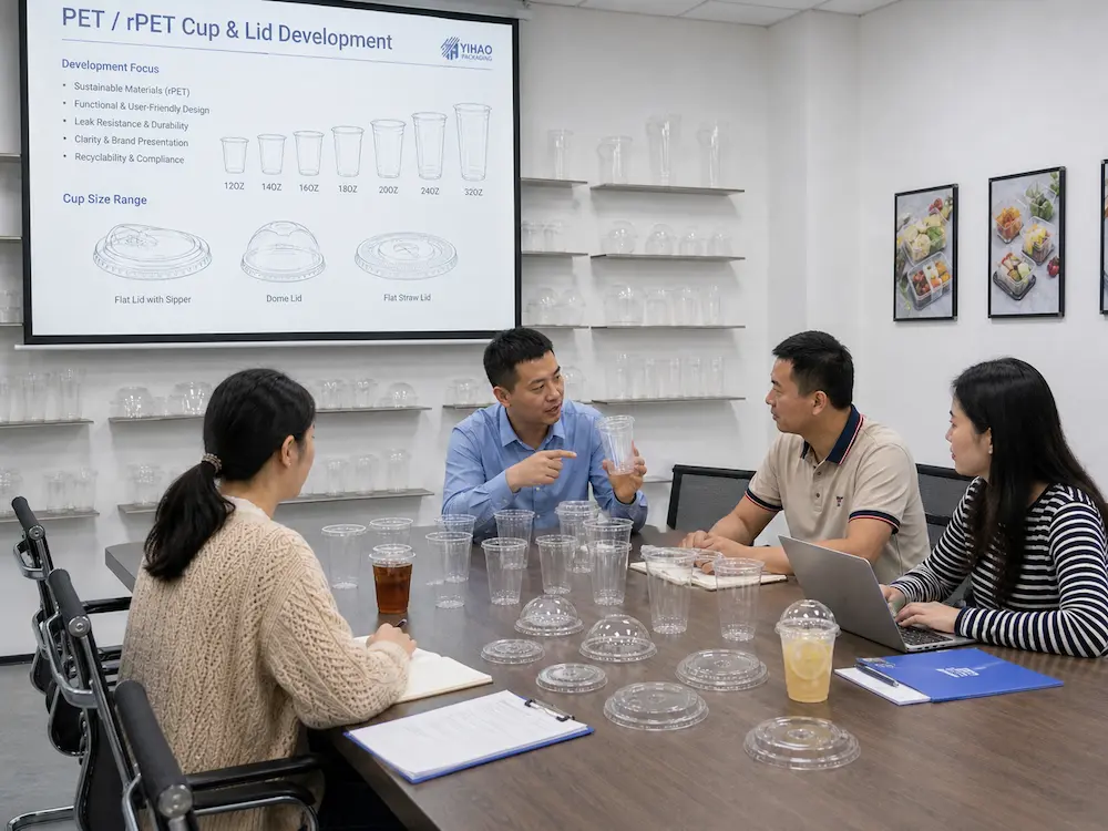 YIHAO team discussing PET and rPET juice cup and lid development