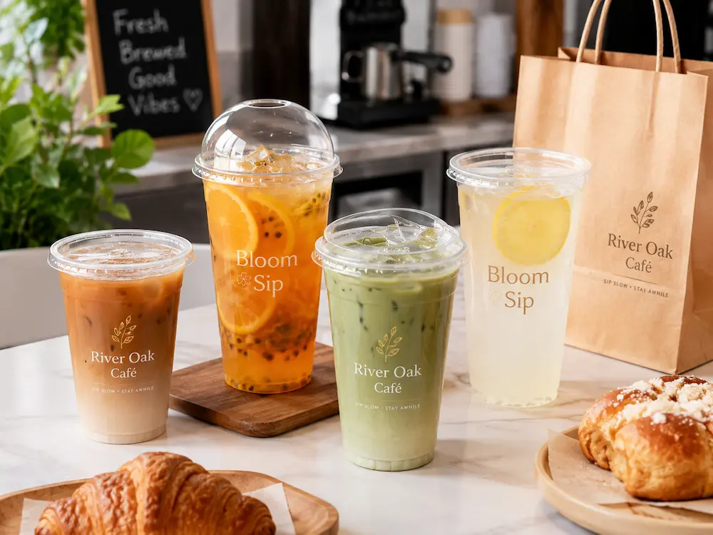 PLA cups with lids for cafe takeaway drinks and branded cold beverages