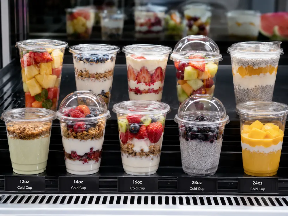 PLA cups with lids for chilled fruit cups, yogurt parfaits, and dessert retail display