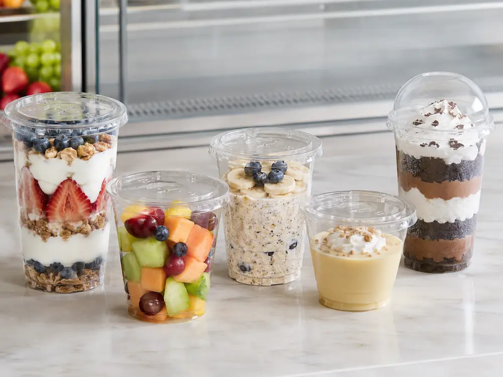 PLA cups with lids for fruit cups, overnight oats, parfaits, and chilled desserts