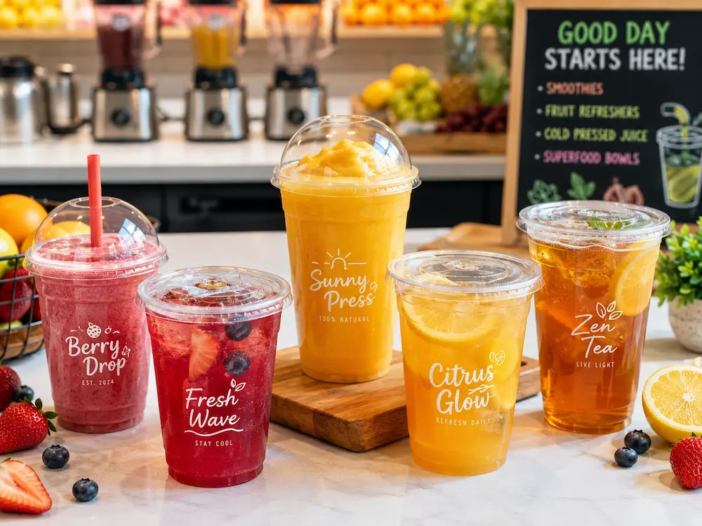 PLA cups with lids for smoothies, fruit refreshers, lemonade, and iced tea