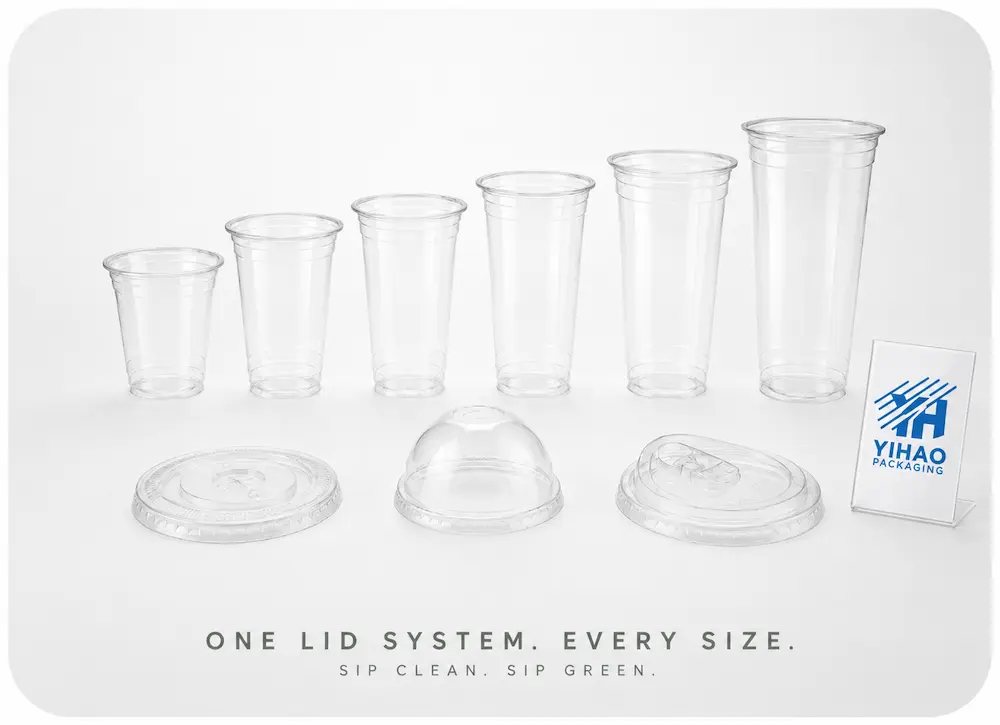 PLA drink cup size range with universal lid system for food packaging buyers