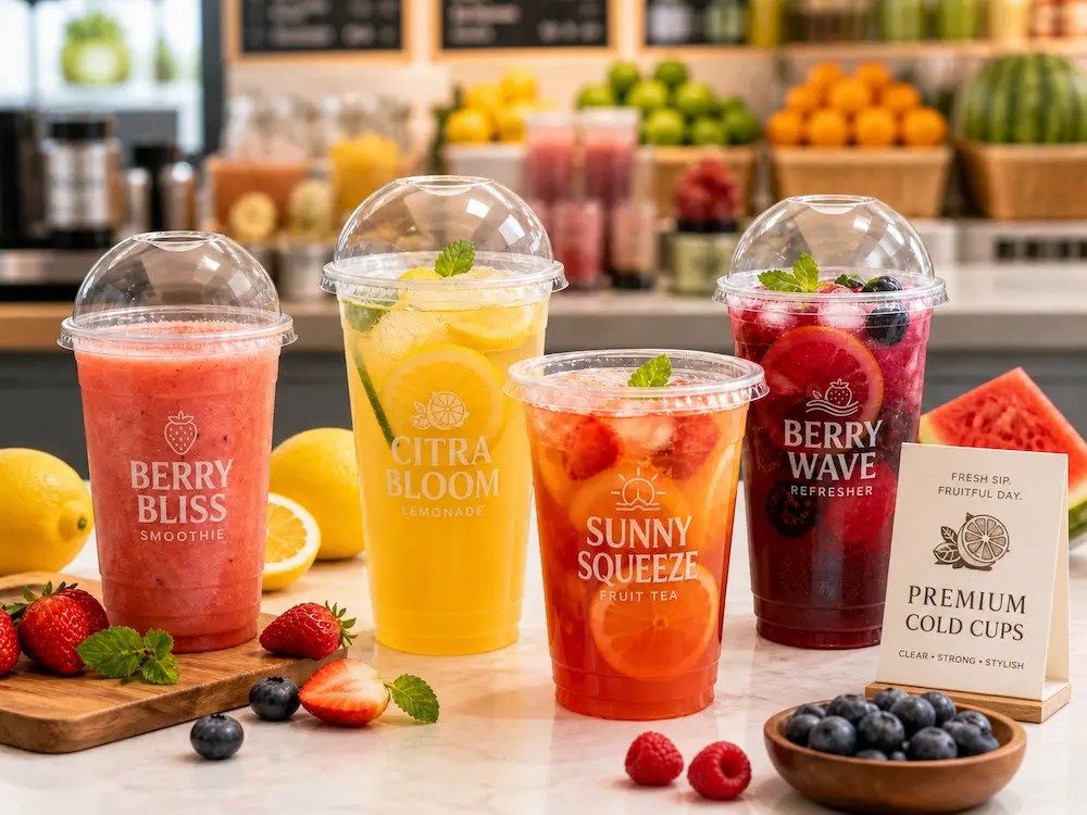 PLA drink cups for smoothies, lemonade, fruit tea, refreshers, and chilled beverage menus