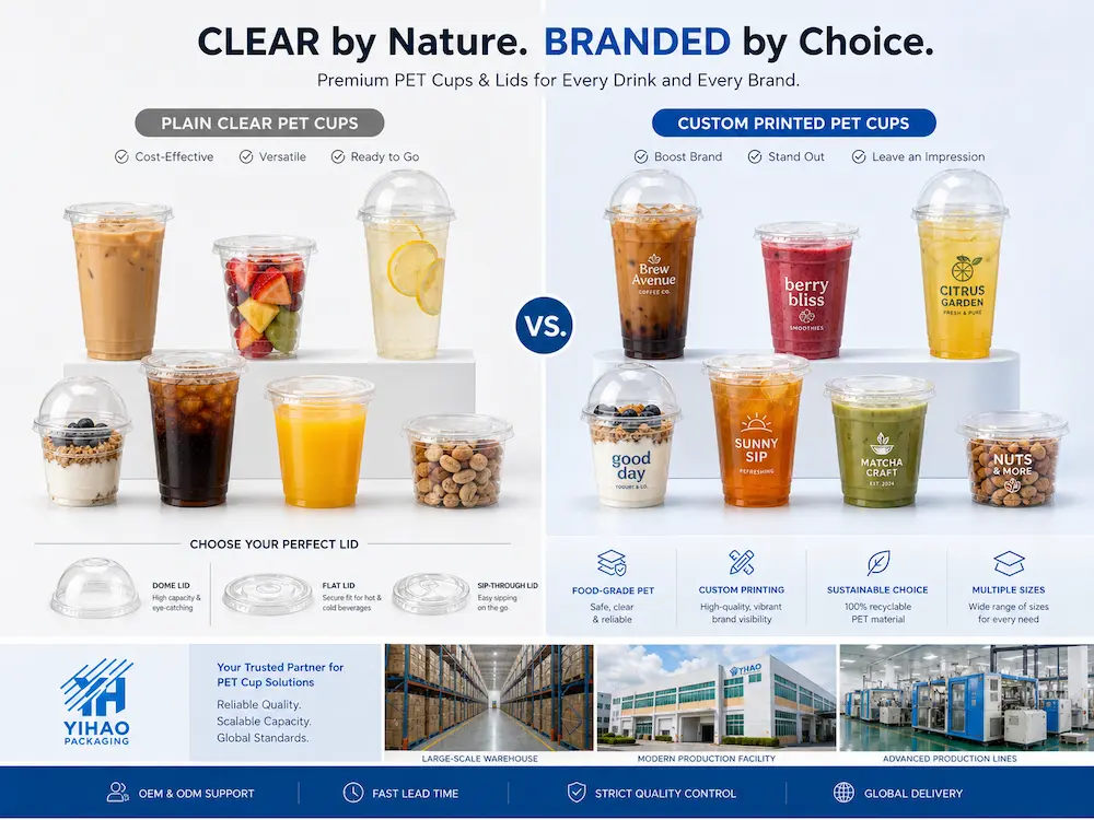 PET Cold Cups Complete Guide for Iced Coffee, Juice, and Smoothies 7 Plain clear PET cups compared with custom printed PET cups for branded packaging