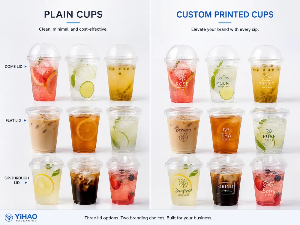Wholesale Durable Cold Cups: Manufacturer and Supplier Checklist 6 Plain clear cold cups and custom printed cold cups compared with flat, dome, and sip-through lid applications.