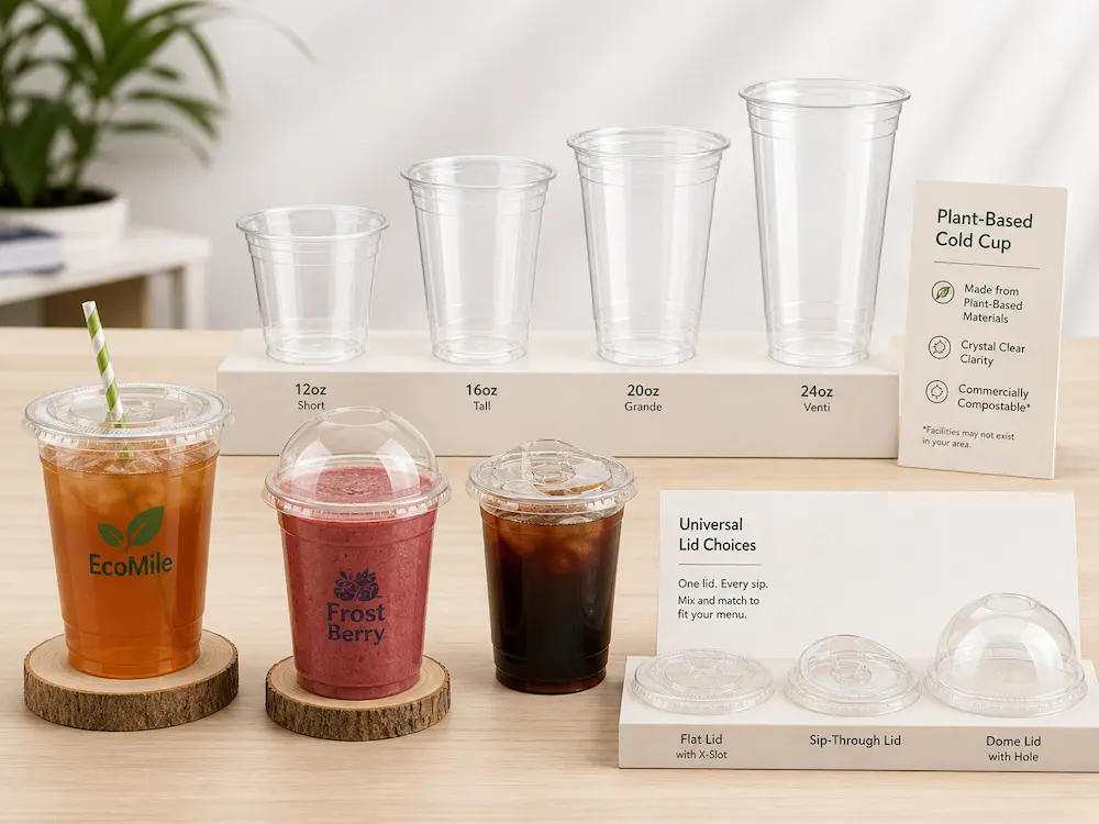 Plant-based cold cup size range with universal lid choices for biodegradable drink packaging