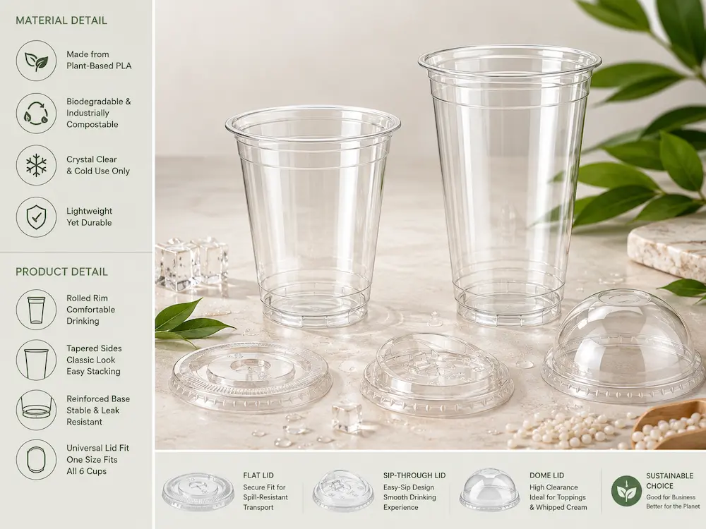 Material and product details of plant-based PLA biodegradable cold cups with lid options