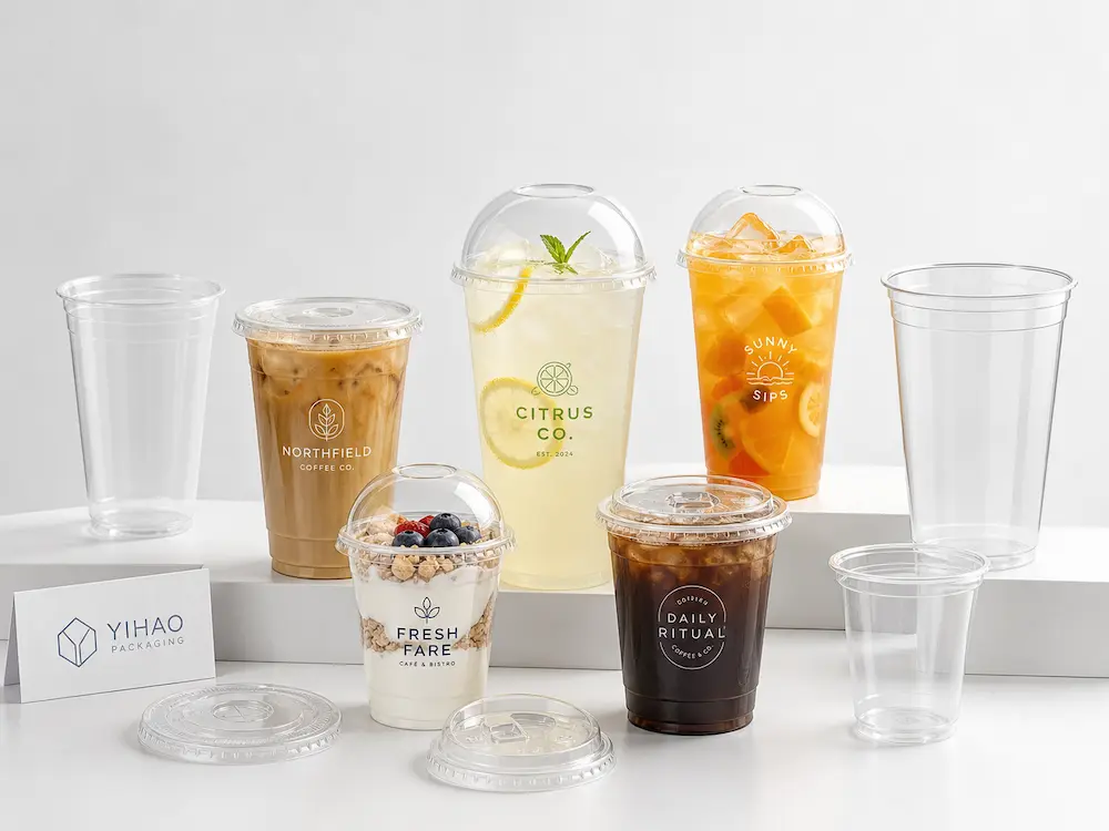 PP cold cups, lids, iced coffee, juice, and fruit cup packaging display