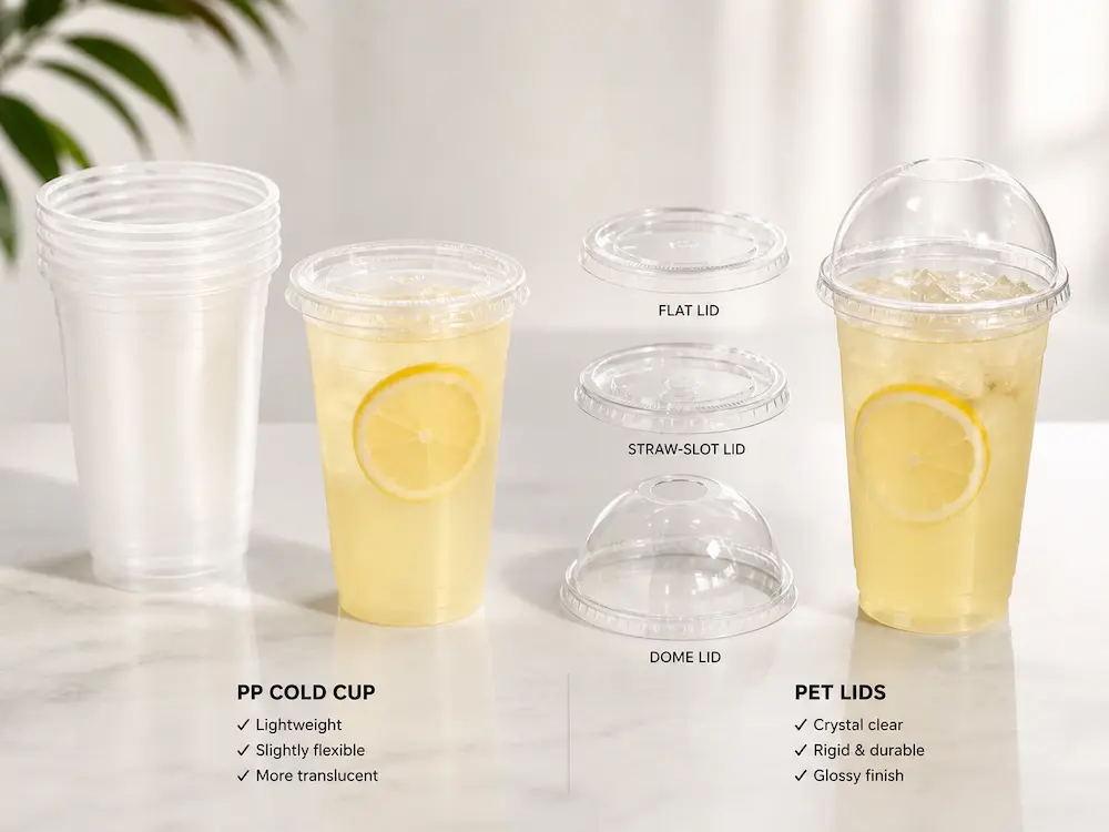 PP Cold Cups Complete Guide for Takeaway Drinks 3 PP cold cup and PET lid comparison showing flat lid straw-slot lid and dome lid applications