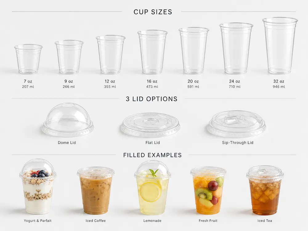 PP cold cup sizes from 7 oz to 32 oz with dome lid, flat lid, and sip-through lid options