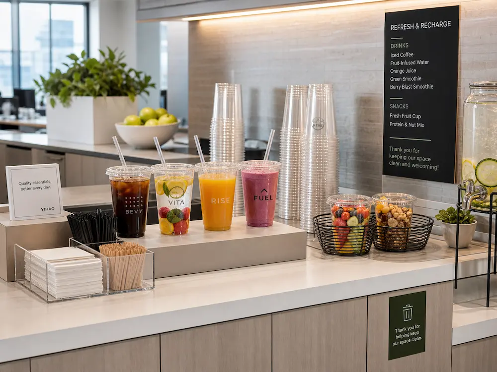 PP cold cups for beverage stations, stacked clear cups, fruit cups, and cold drink packaging