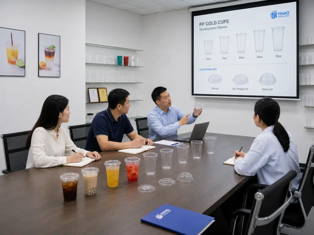 Takeaway Cold Cups vs Alternative Packaging: How Buyers Should Choose 2 YIHAO team reviewing PP cold cup sizes, lids, material, and application development