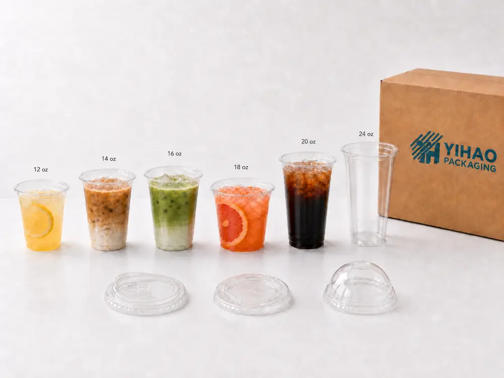 PP Cold Cups Complete Guide for Takeaway Drinks 7 12 oz 14 oz 16 oz 18 oz 20 oz and 24 oz PP cold cup size comparison with flat and dome lids